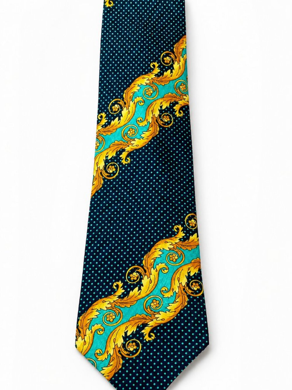 Gianni Versace Label Teal and Blue Scroll Silk Tie